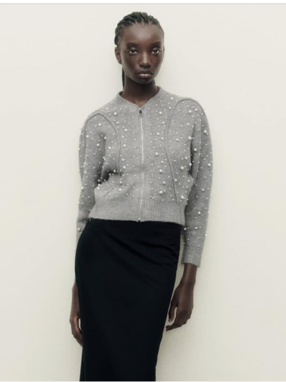 ZARA KNIT BOMBER JACKET WITH FAUX PEARLS Gray Size M